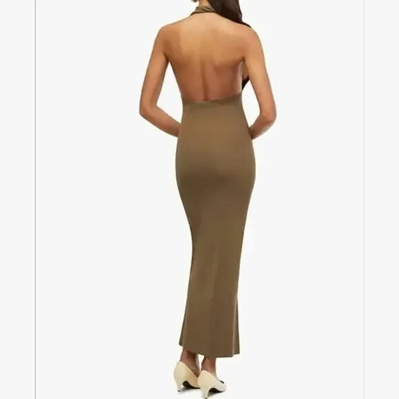 NWT WeWoreWhat Sleeveless Halter Knit Rib Stretch Maxi Open Back Dress 2XL Brown - Picture 5 of 15
